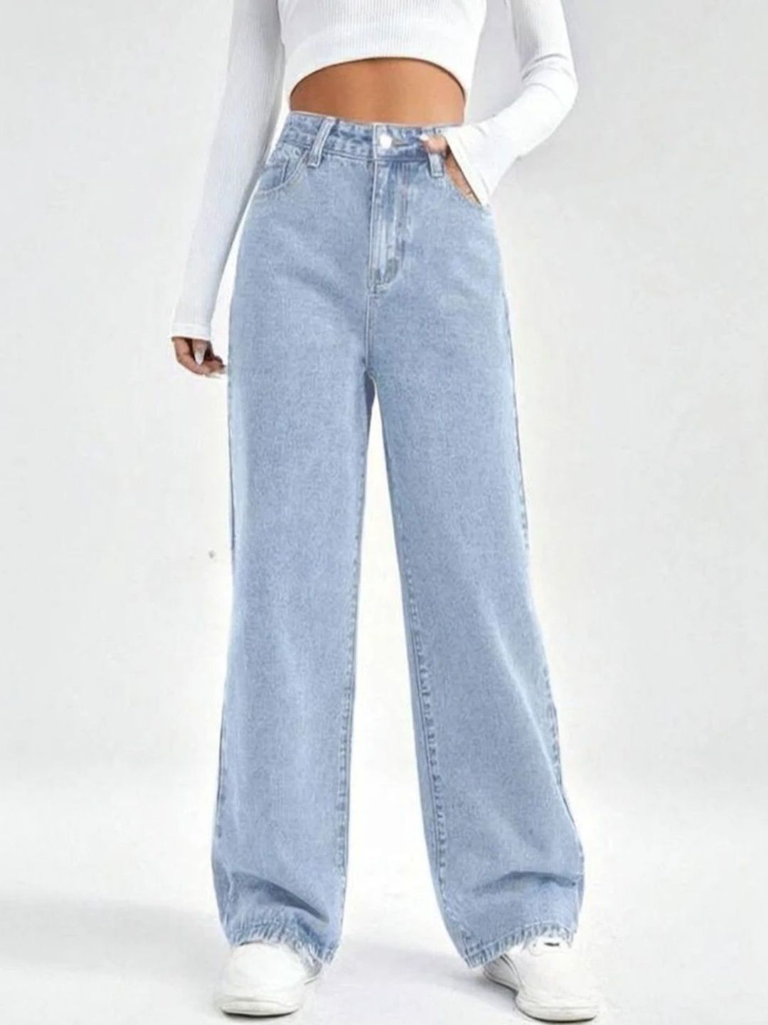 Women Classic Wide Leg High-Rise Light Fade Stretchable Jeans