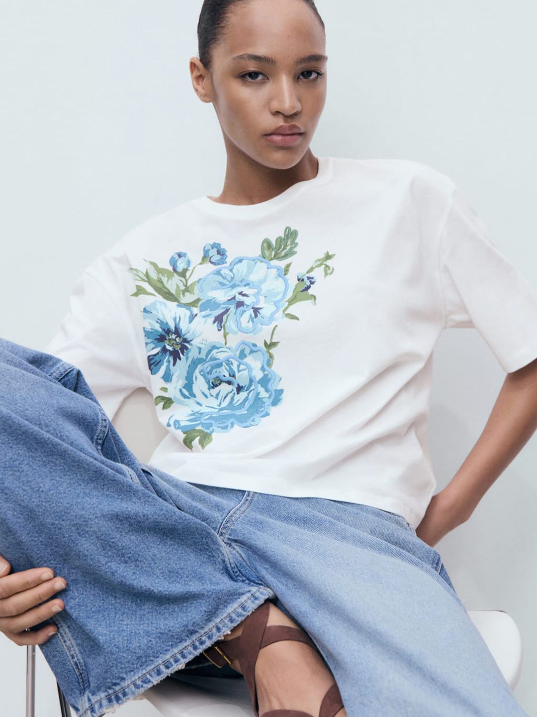 Women Floral Printed Drop-Shoulder Sleeves Pure Cotton T-shirt