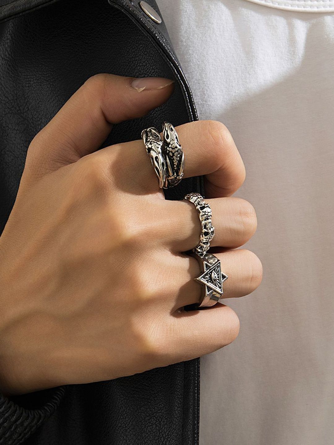 Set Of 3 Sliver-Plated Adjustable Finger Ring