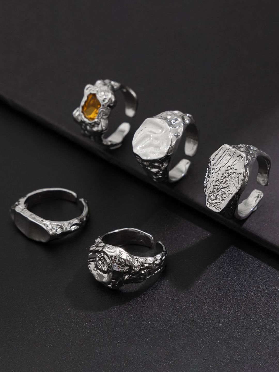 Men Set Of 5 Silver-Plated Stones-Studded Adjustable Finger Rings