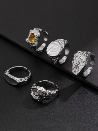 Men Set Of 5 Silver-Plated Stones-Studded Adjustable Finger Rings