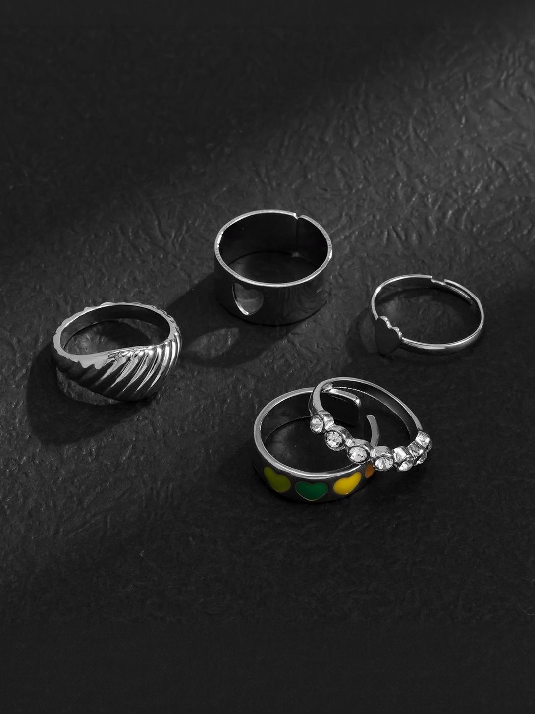 Men Set Of 5 Silver-Plated Stone-Studded Finger Ring
