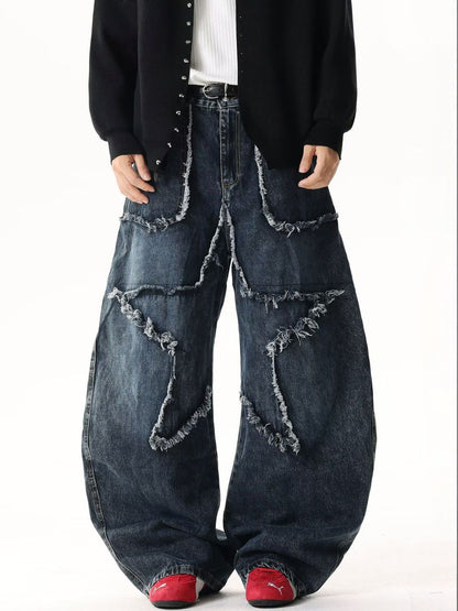 Men Wide Leg Mid-Rise Light Fade Applique Jeans