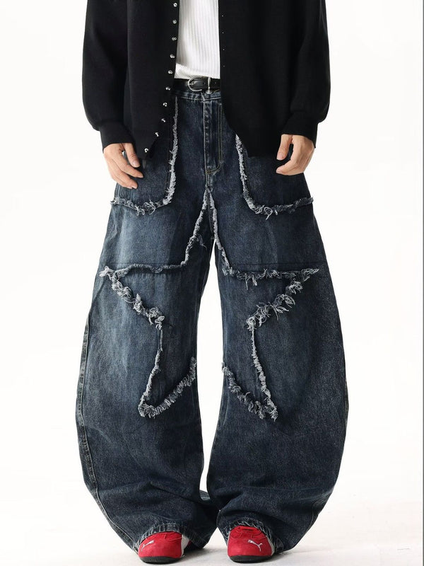 Men Wide Leg Mid-Rise Light Fade Applique Jeans
