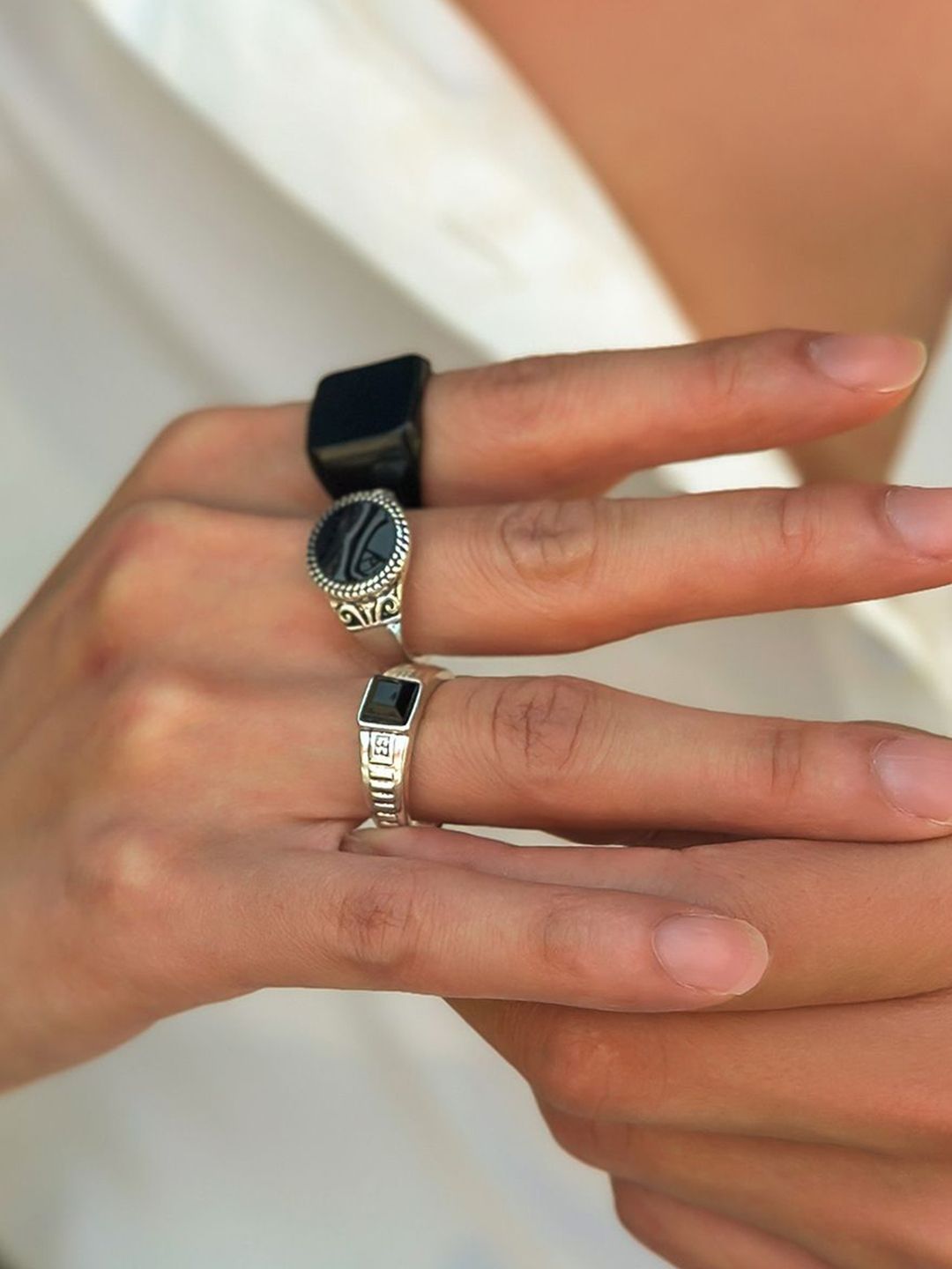 Set Of 3 Silver-Plated  Adjustable Finger Ring