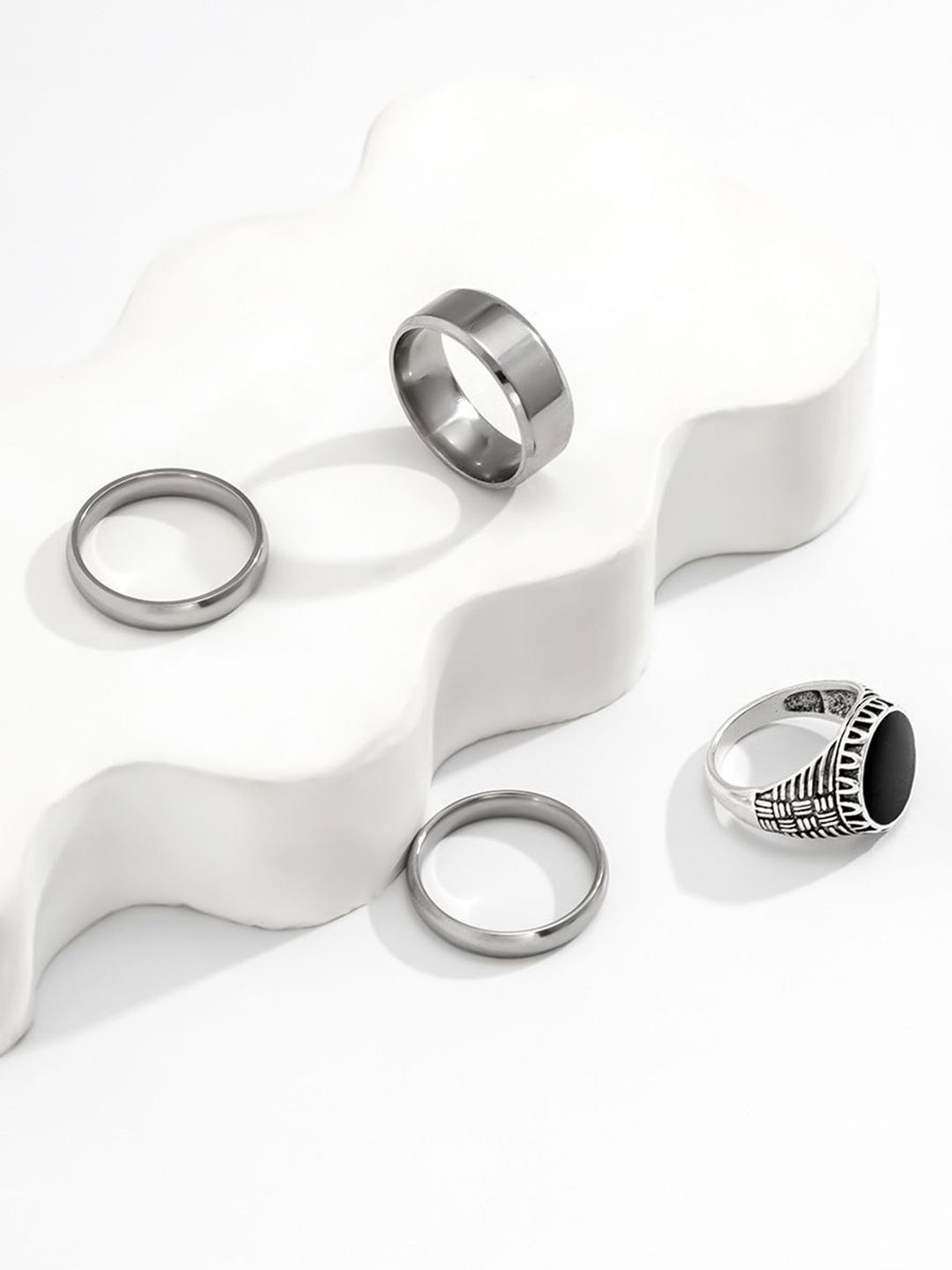 Men Pack of 4 Silver-Plated Stone Studded Finger Rings