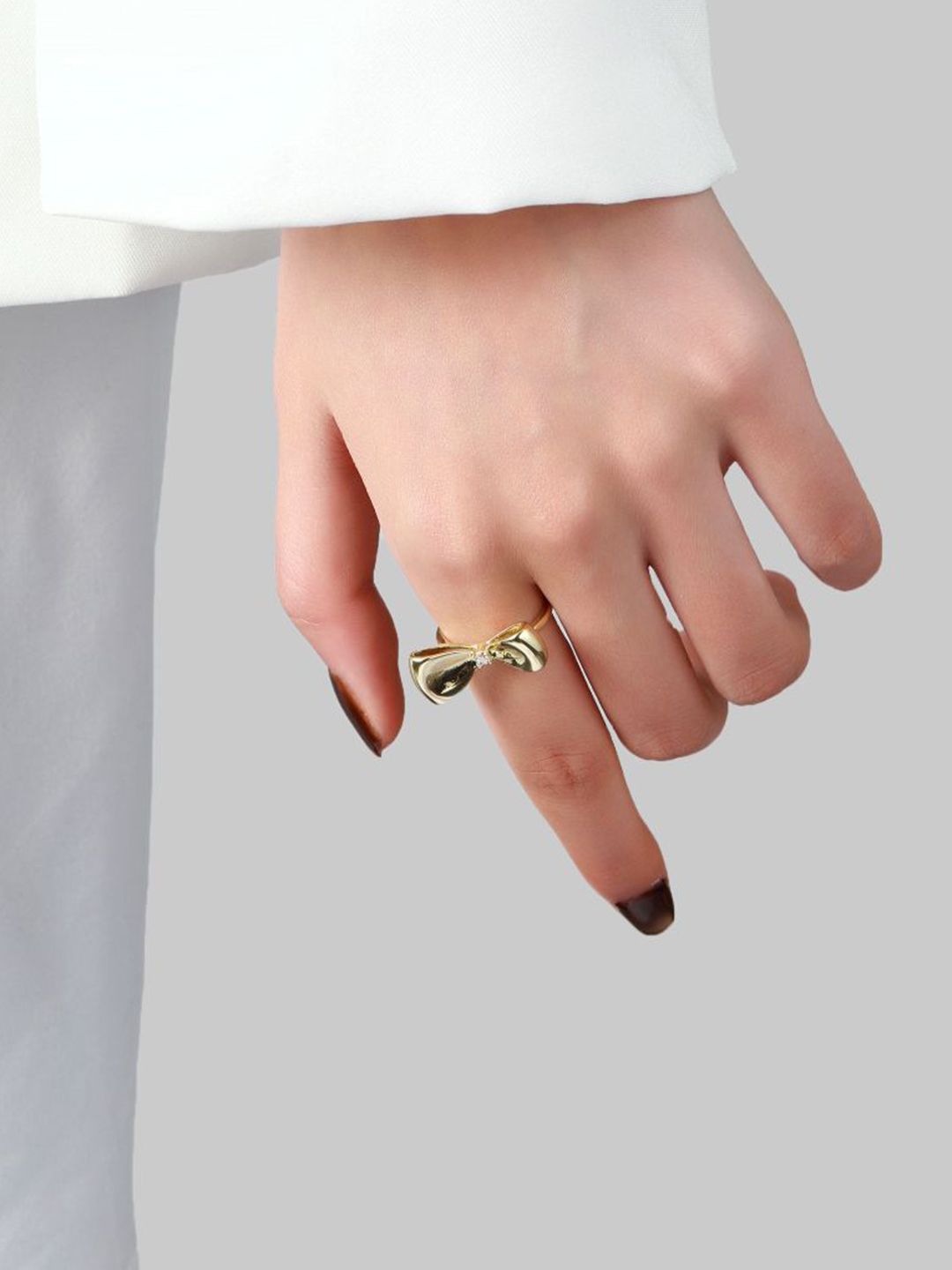 SALTY Women & Girls Gold-Plated Bow Studded Stylish Adjustable Finger Ring
