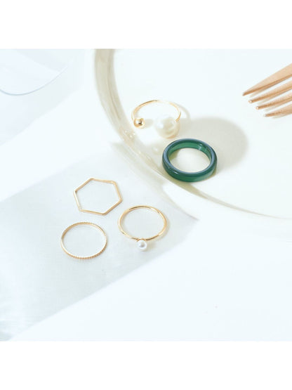 SALTY Set Of 5 Emerald Pearl Stylish Adjustable Finger Ring