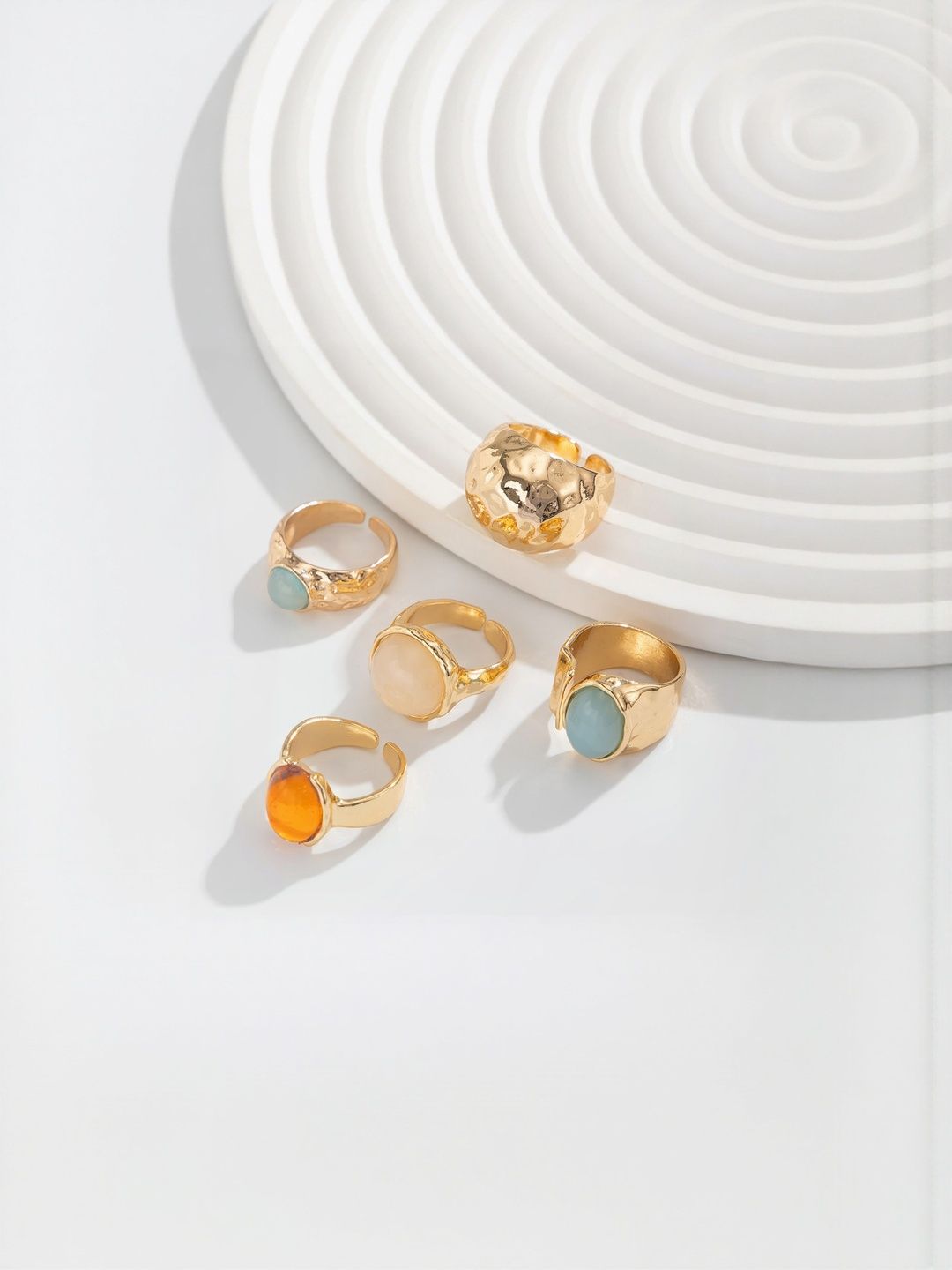 Set Of 5 Gold-Plated Stone Studded Finger Ring