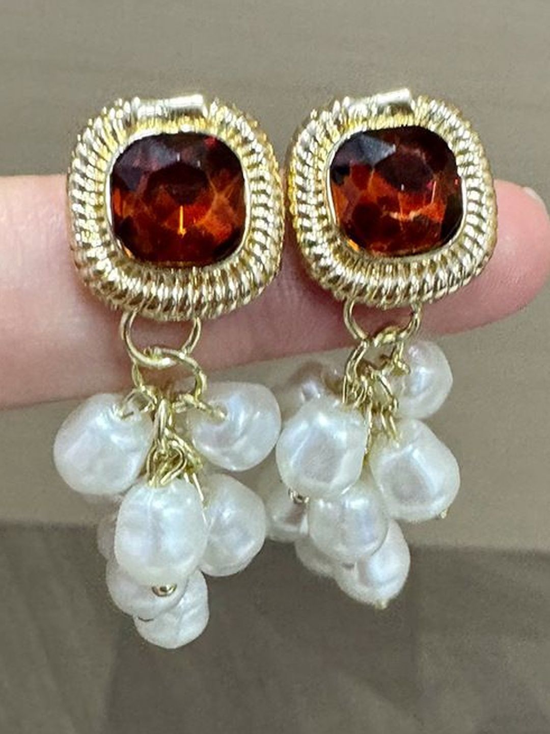 Gold-Plated Artificial Studded and Beaded Drop Earrings