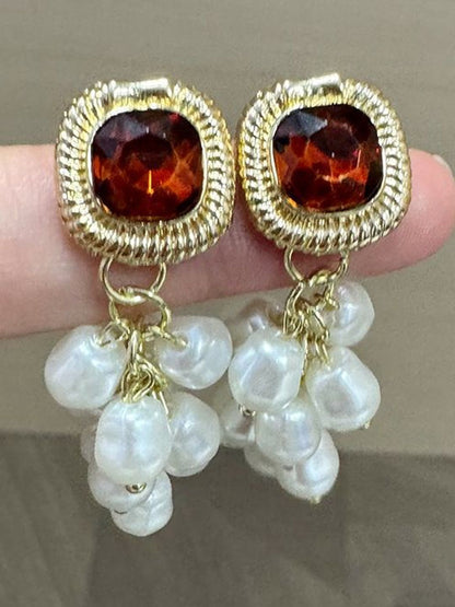 Gold-Plated Artificial Studded and Beaded Drop Earrings
