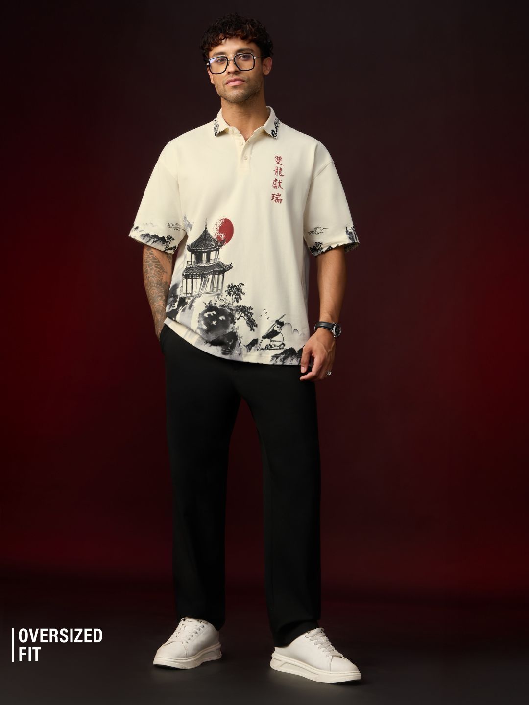 Men Kung Fu Panda Printed Polo Collar Drop-Shoulder Sleeves T-shirt