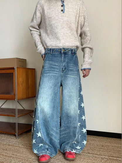 Men Wide Leg Mid-Rise Light Fade Printed Jeans