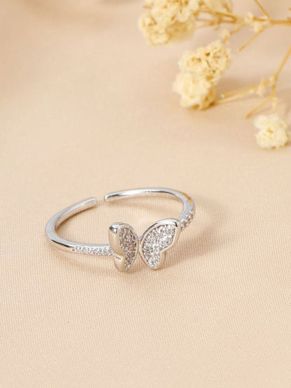 SALTY Silver Plated Stones Studded Butterfly Pendant Chain & Ring Jewellery Set