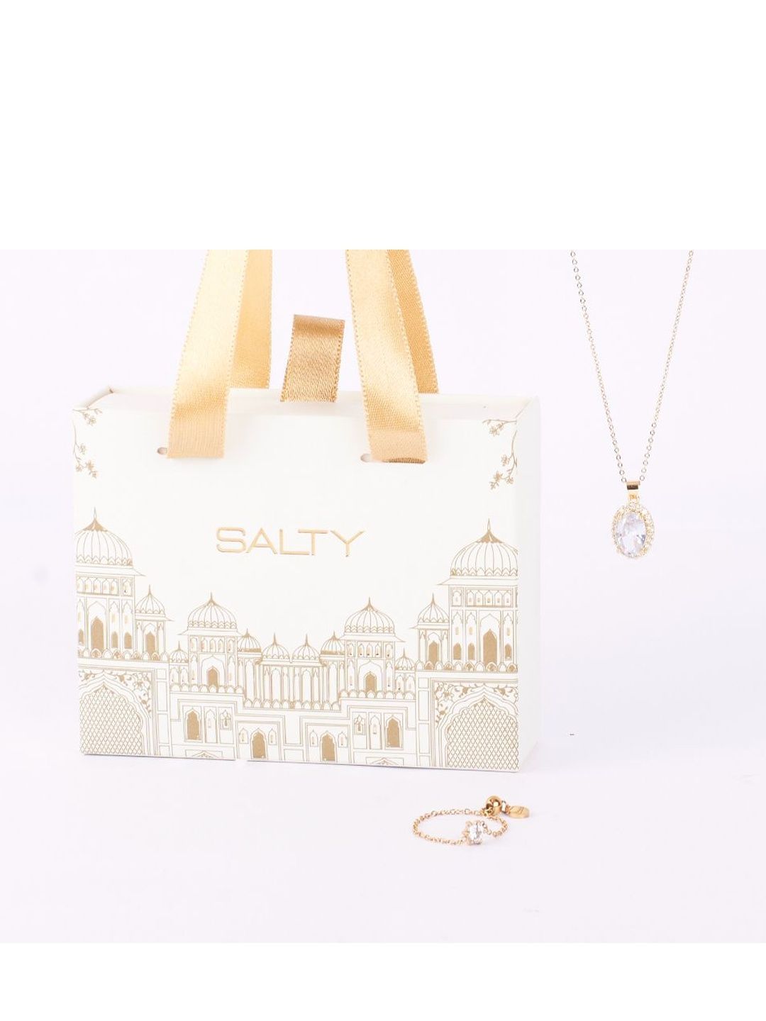 SALTY Twinkle Gem Necklace & Champagne Self-Love Chain Ring Jewellery Set