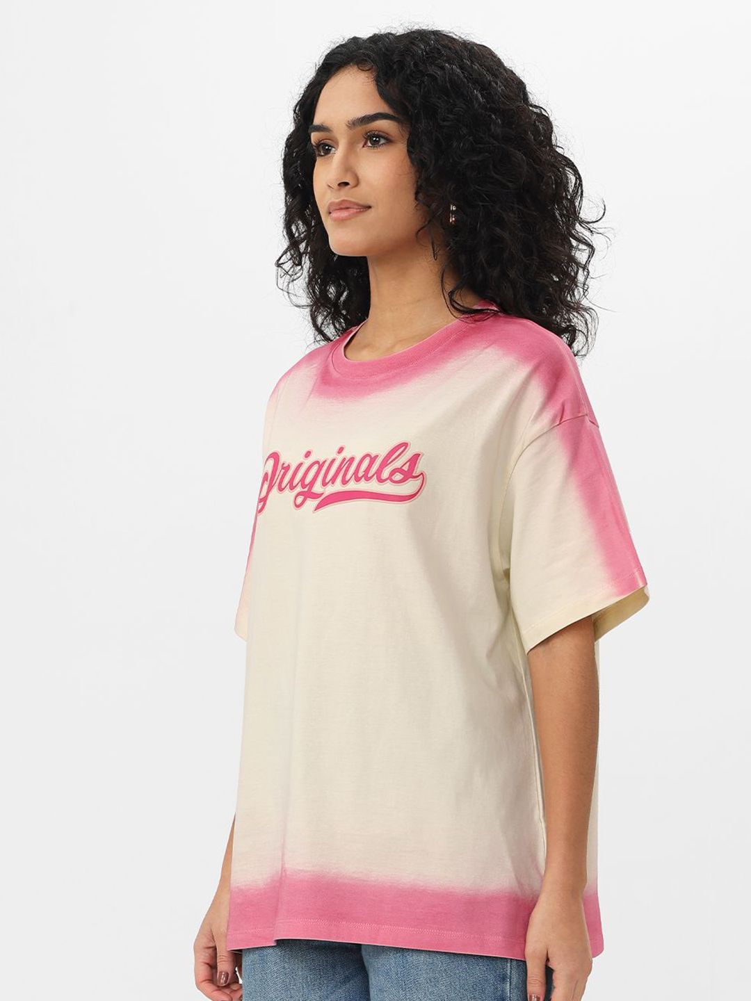 Women Oversized Fit Printed Cream T-Shirts