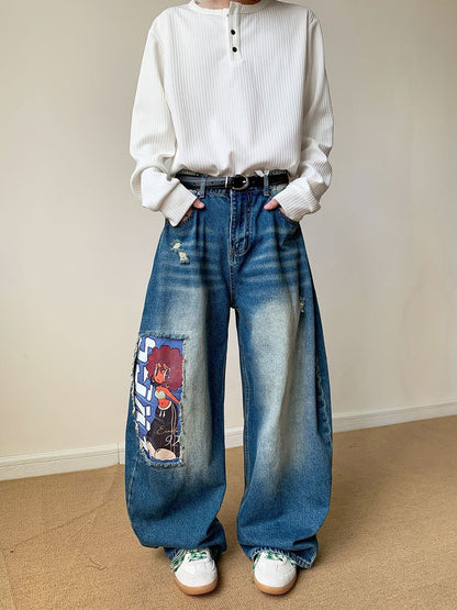 Men Wide Leg Mid-Rise Low Distress Light Fade Jeans