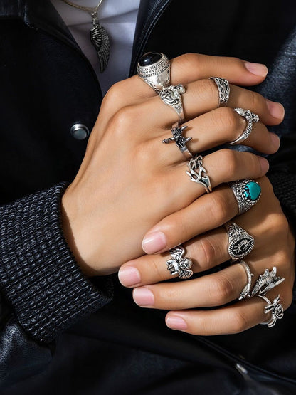 Men Set Of 11 Silver-Plated Stone-Studded Finger Ring