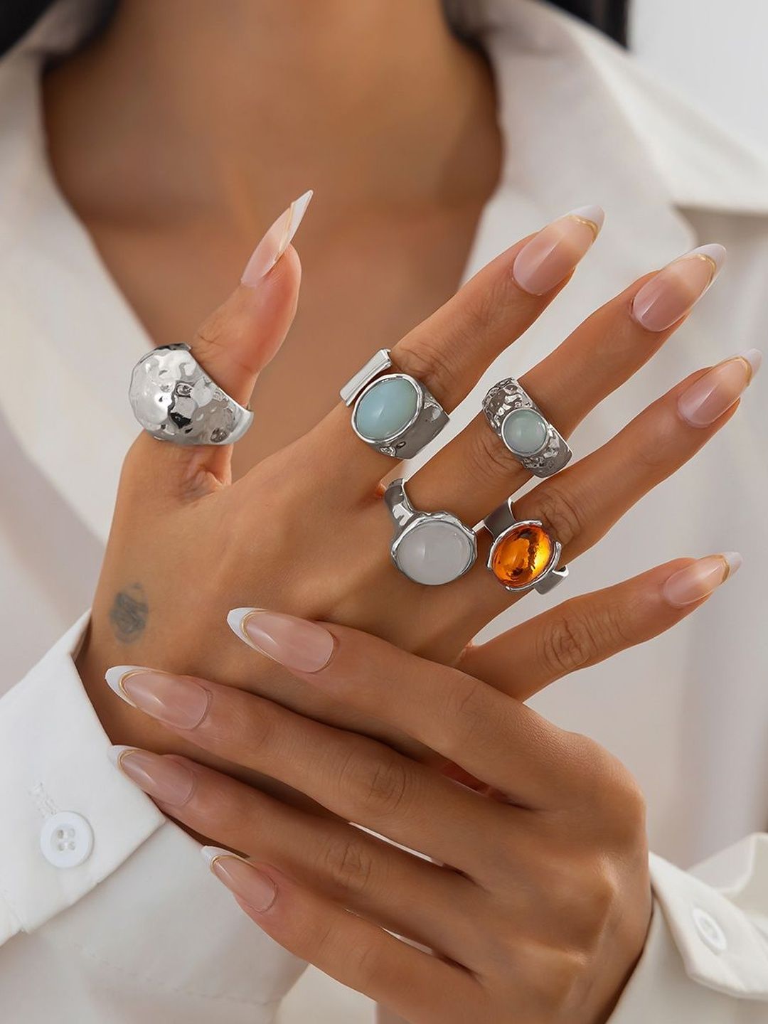 Women Set Of 5 Silver-Plating Adjustable Finger Ring