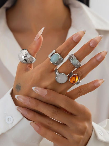 Women Set Of 5 Silver-Plating Adjustable Finger Ring