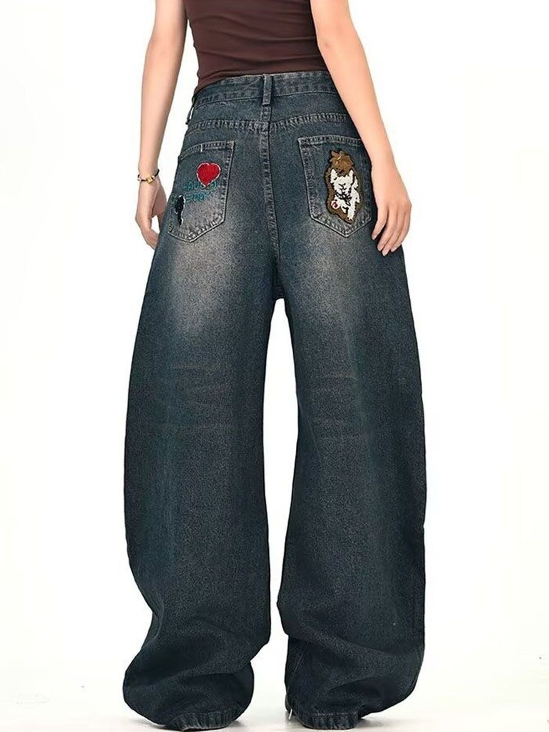 Men Wide Leg Mid-Rise Dark Applique Jeans