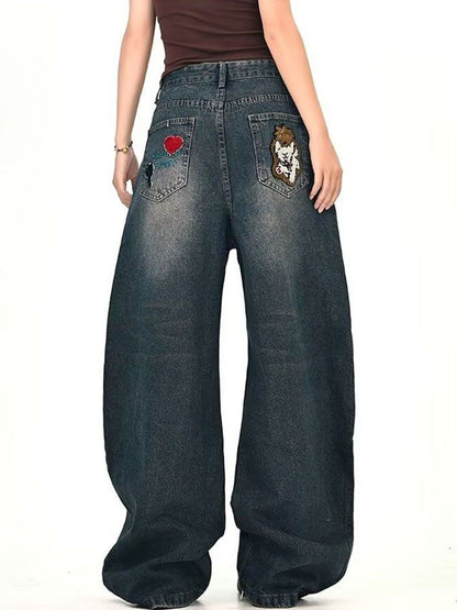 Men Wide Leg Mid-Rise Dark Applique Jeans