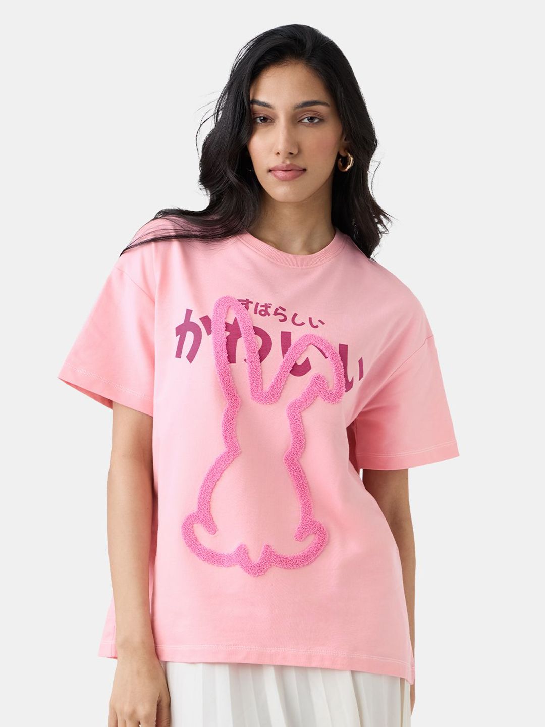 Women Oversized Fit Printed Pink T-Shirts