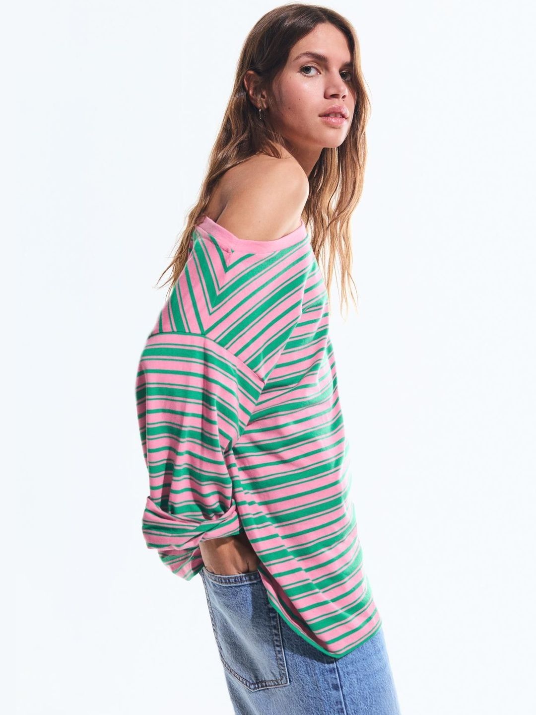 Printed asymmetric neck long sleeve T-shirt