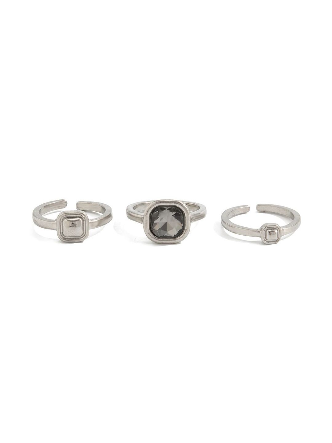 Set of 3 Silver-Plated Stone-Studded Finger Ring