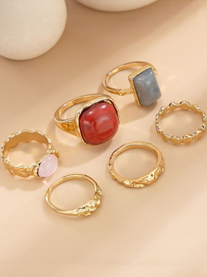 Women Set Of 6 Gold-Plated Stones Studded Finger Ring