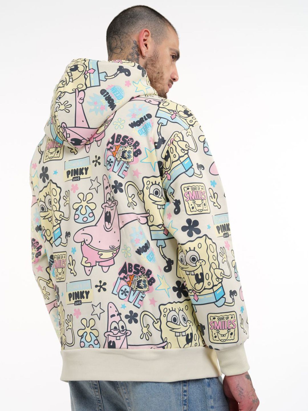 Men Printed SpongeBob All Over Hoodie