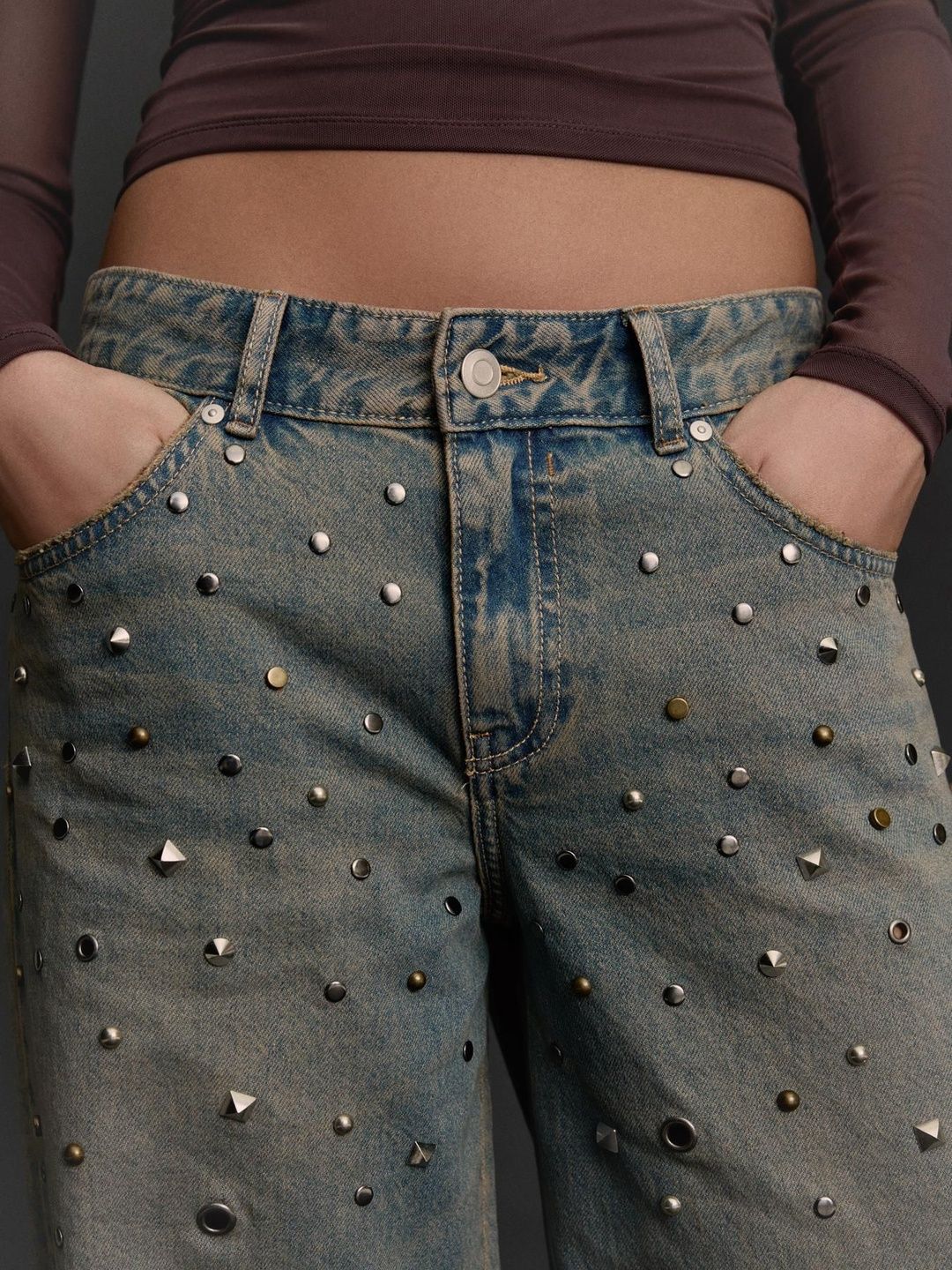 Low-Rise Studded Boyfriend Jeans