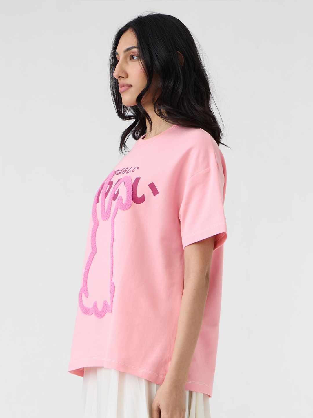 Women Oversized Fit Printed Pink T-Shirts