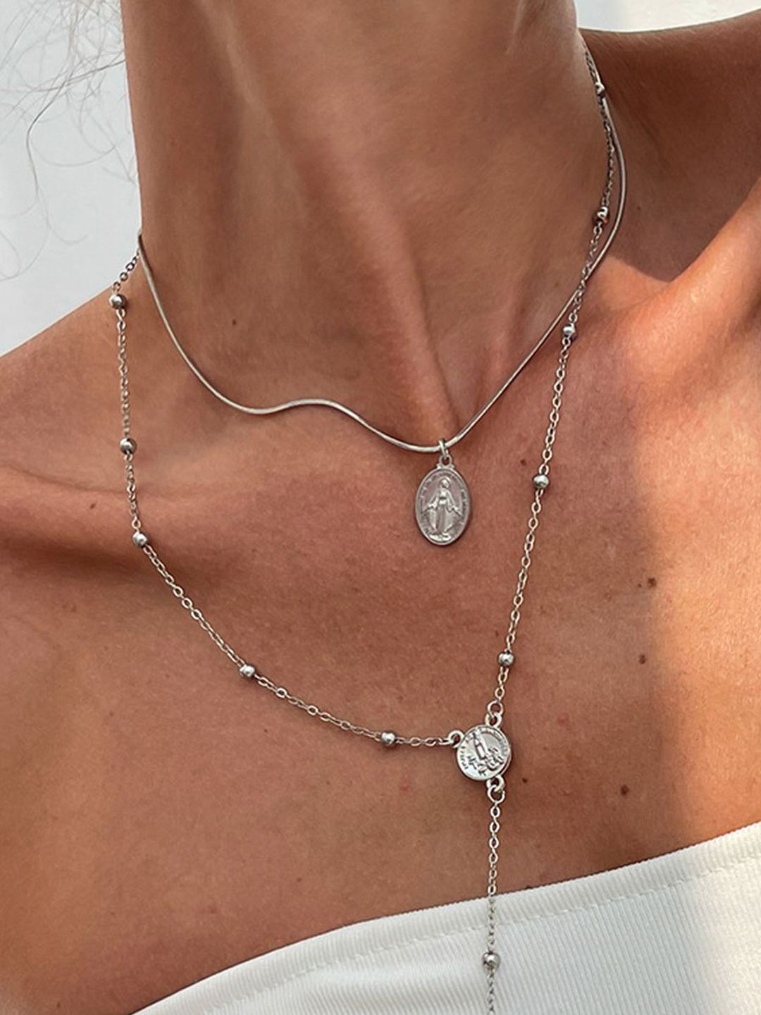 Set Of 2 Silver-Plated Artificial Beaded Minimal Chains