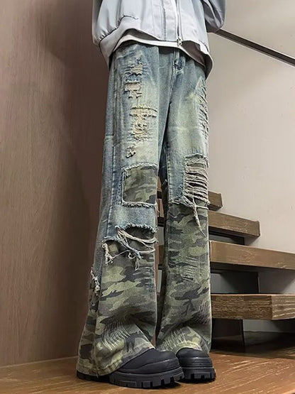 Men Highly Distressed Light Fade Mid-Rise Wide Leg Jeans