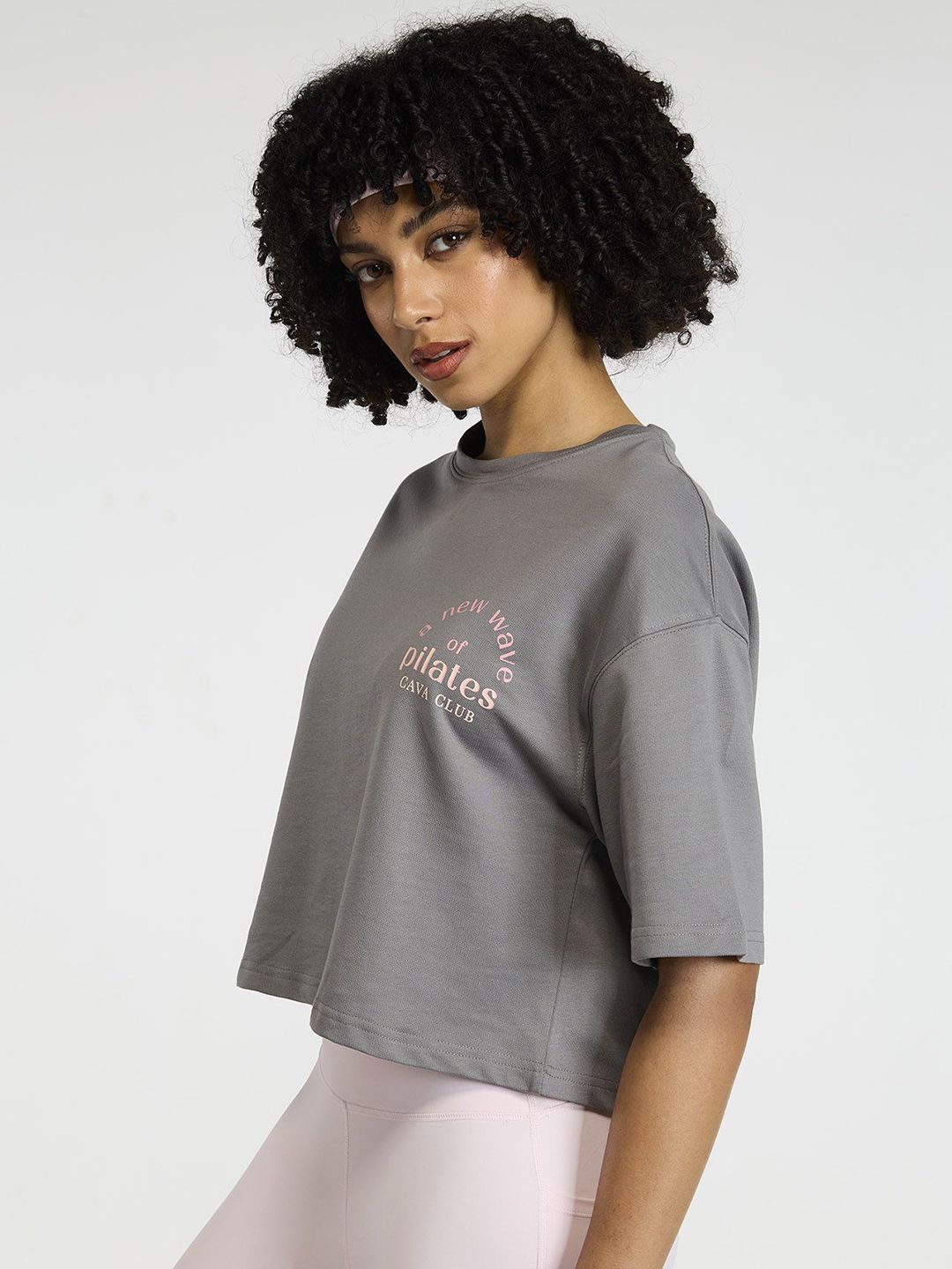 Women Grey-Pink Pilates Core Cropped Cotton Boxy Tee