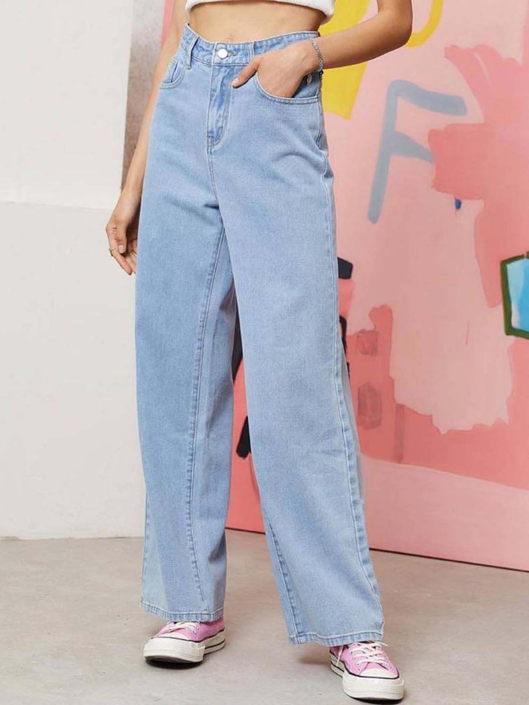 Women Wide Leg High-Rise Pure Cotton Jeans