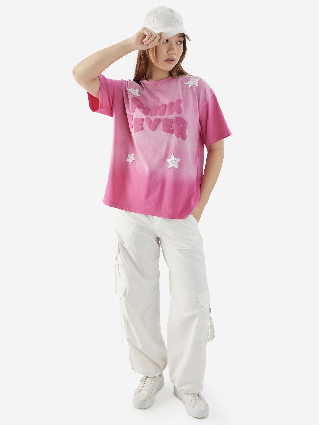 Women Oversized Fit Printed Pink T-Shirts