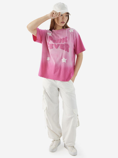 Women Oversized Fit Printed Pink T-Shirts