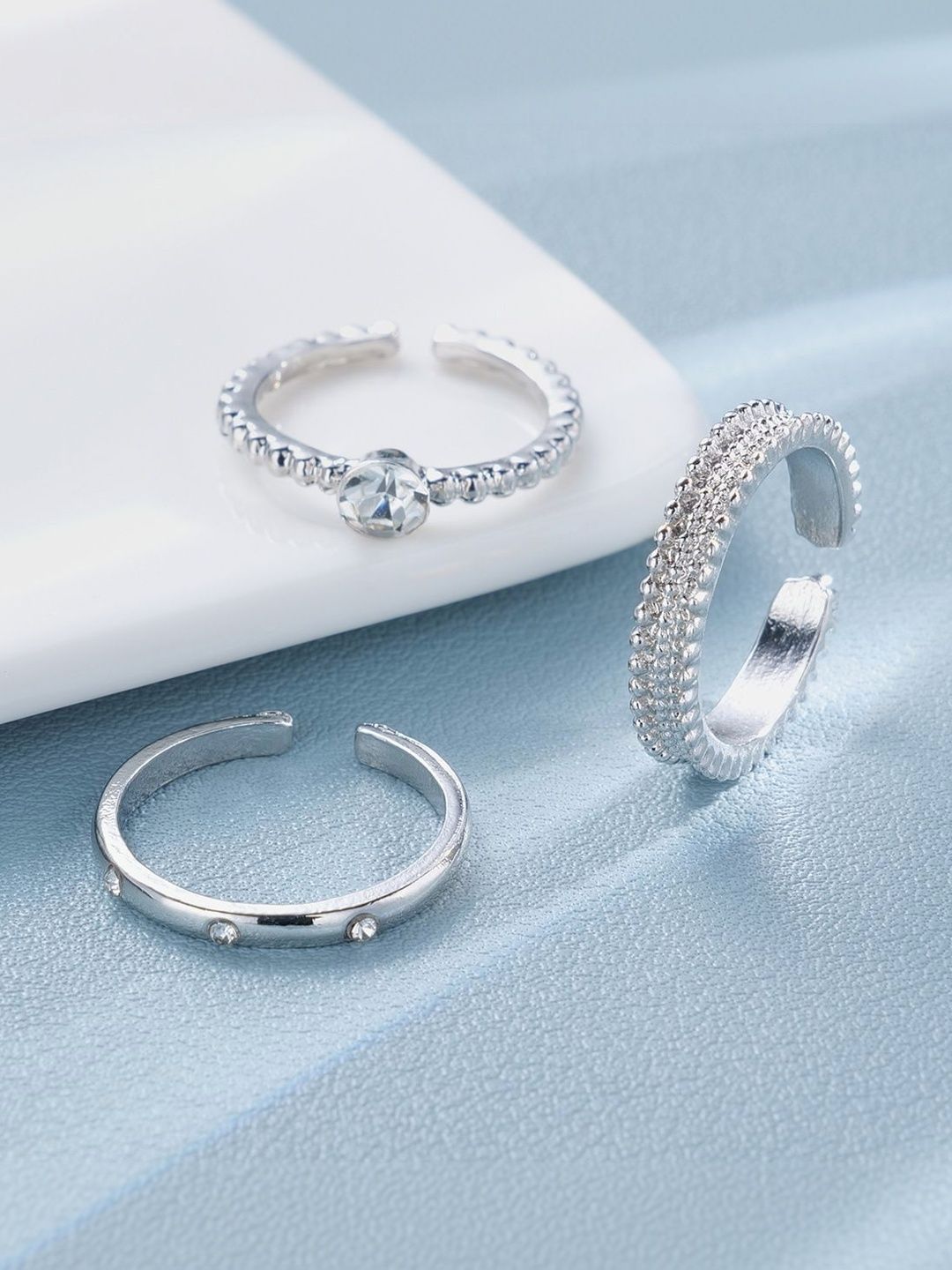 Set of 3 Silver-Plated Stone-Studded Finger Rings