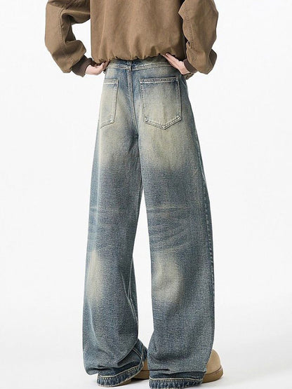 Men Wide Leg Mid-Rise Light Shade Heavy Fade Jeans