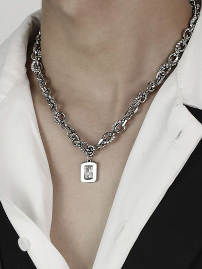 Silver-Plated Artificial Stone Studded Stainless Steel Statement Chain