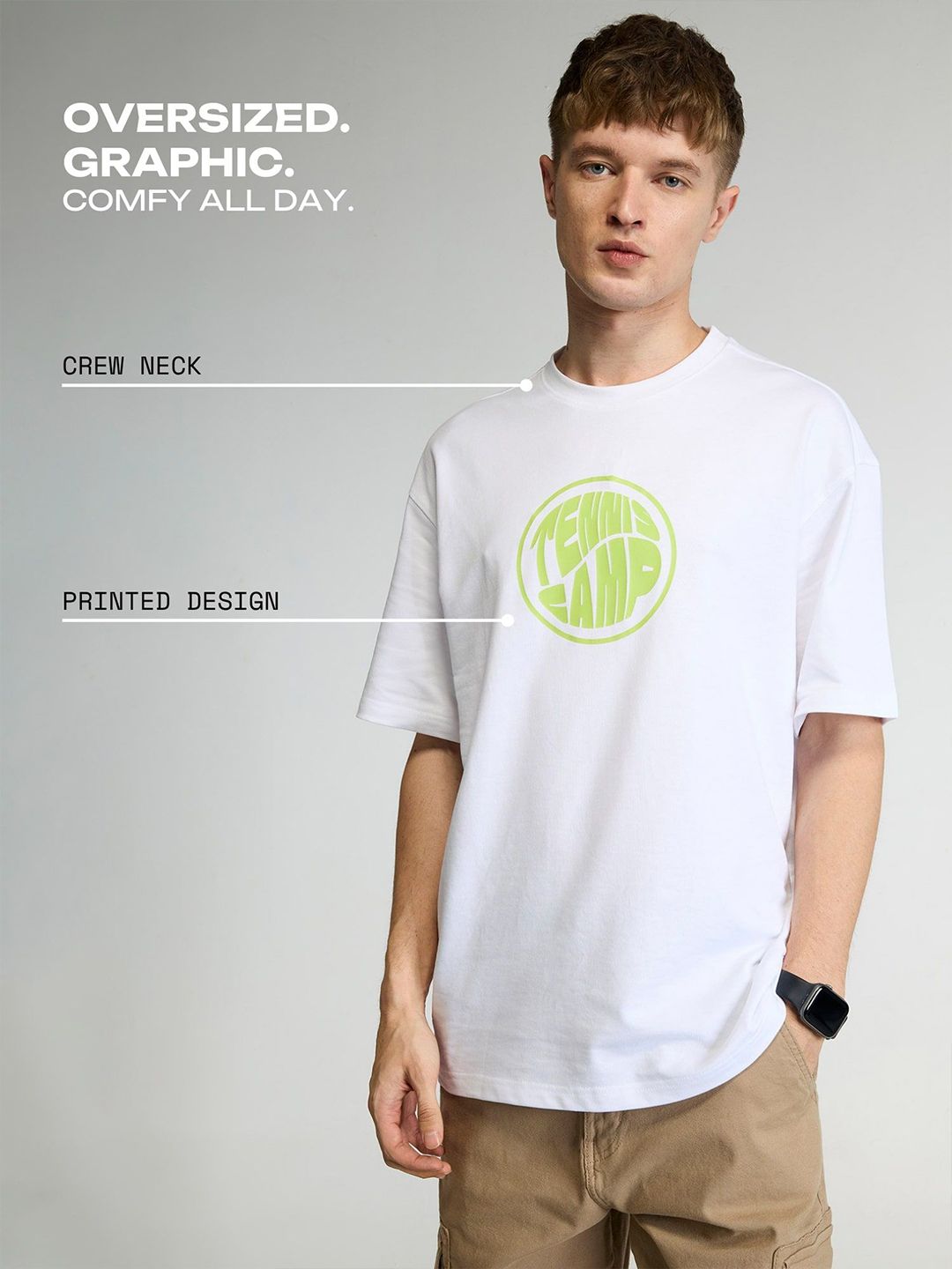 Men White Tenniscore Oversized Printed Cotton Tee