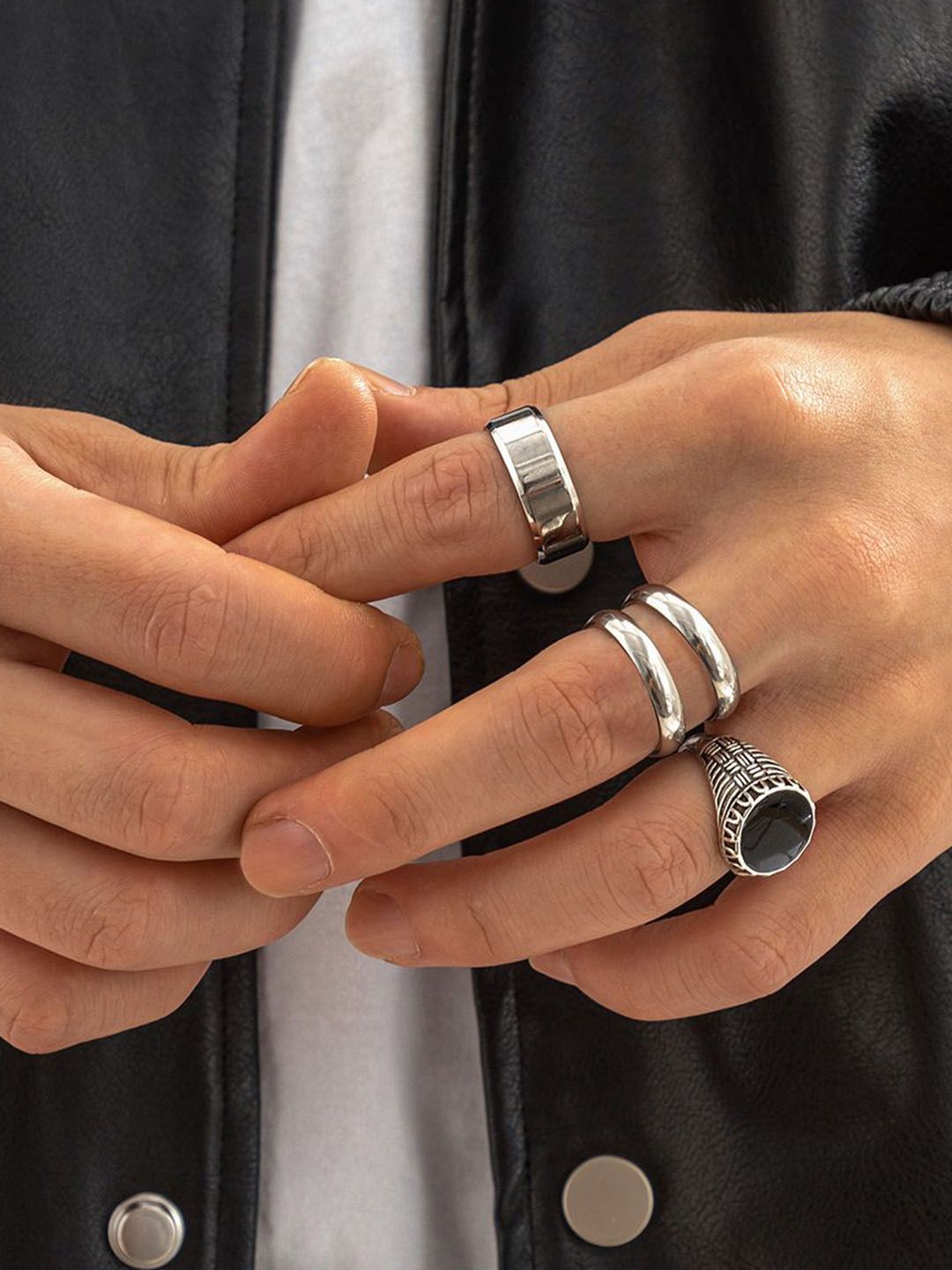 Men Pack of 4 Silver-Plated Stone Studded Finger Rings