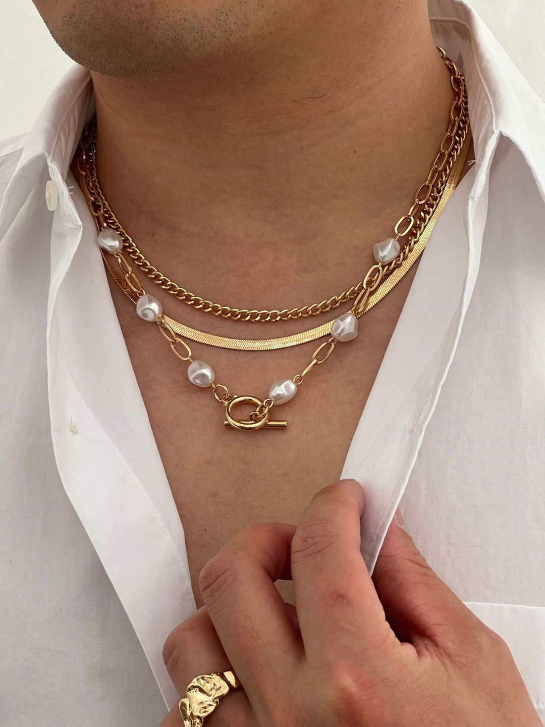 SEt Of 3 Gold-Plated Artificial Baeded MInimal Necklace