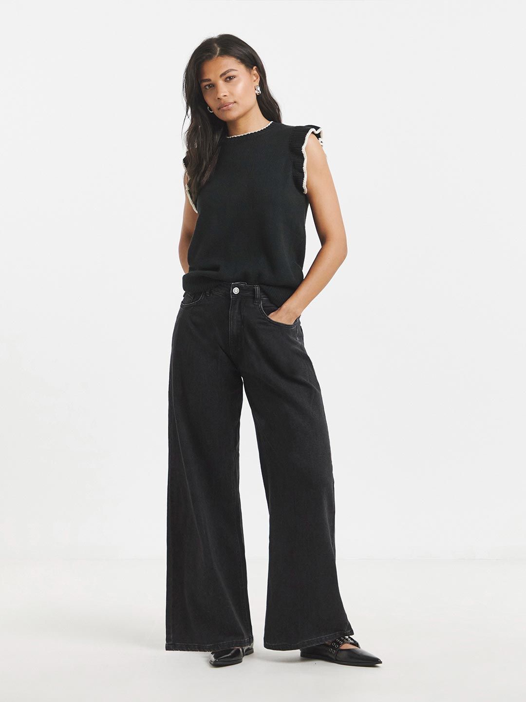 Women Wide Leg High-Rise Cotton Non Stretchable Jeans