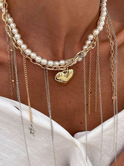 Silver-Plated Pearls Beaded Tasselled Statement Necklace