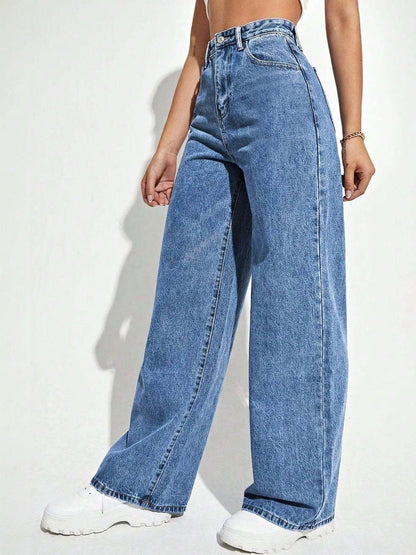 Women Classic Wide Leg High-Rise Light Fade Stretchable Jeans