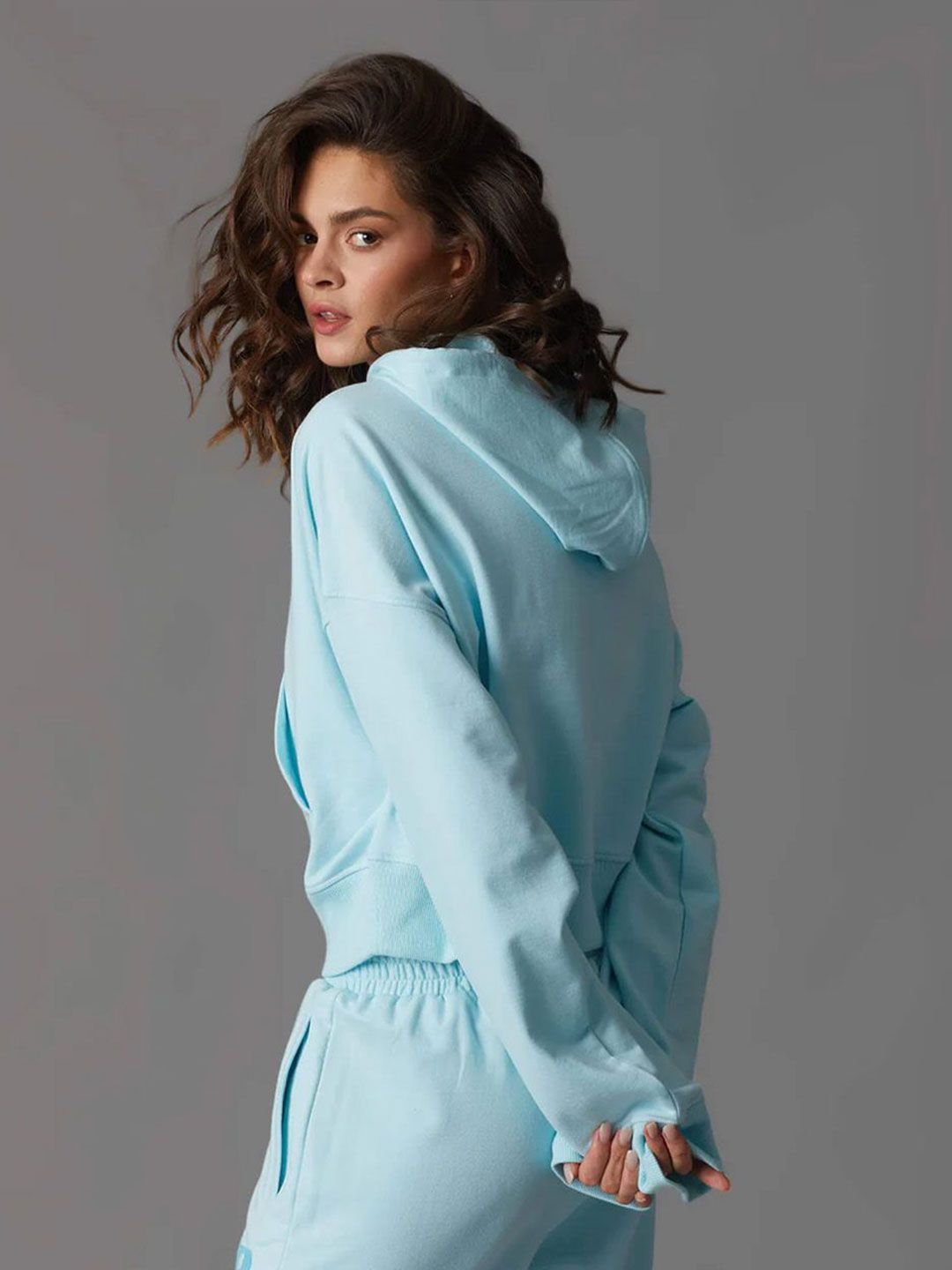 Women Blue Crop Hoodie Pullover Sweatshirt