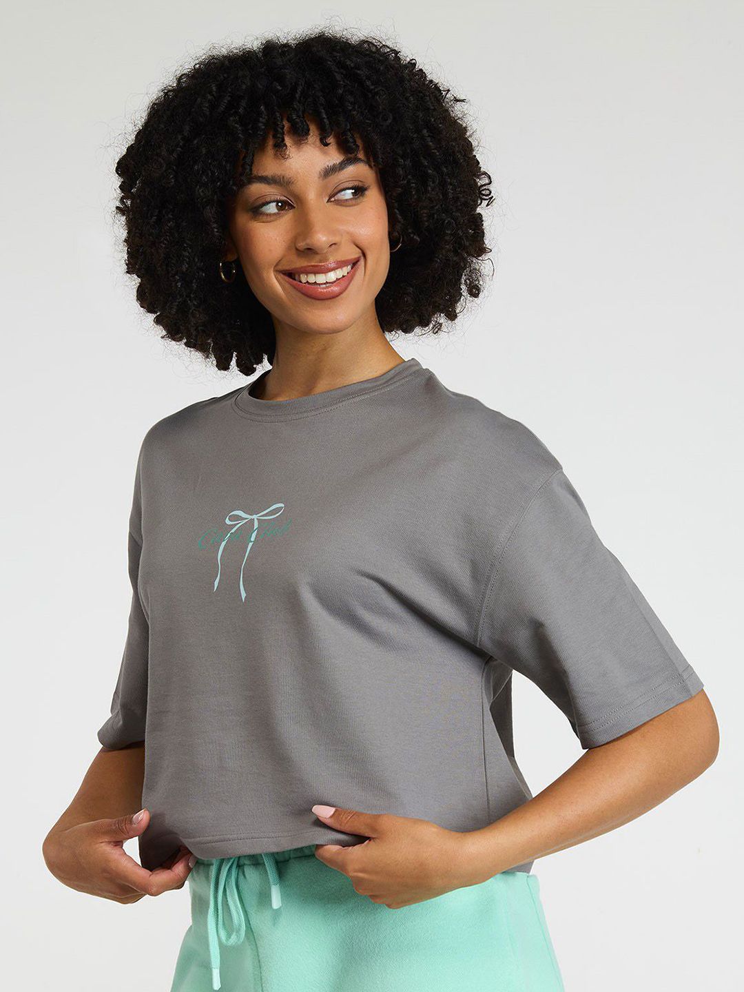 Women Grey-Blue Pilates Core Cropped Cotton Boxy Tee